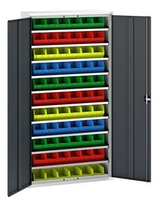 Verso storage bin cupboard with 10 shelves, 66 bins. WxDxH: 1050x350x2000mm. RAL 7035/5010 or selected Bott Verso Basic Tool Cupboards Cupboard with shelves